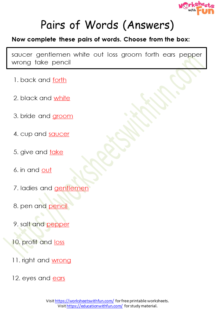 English Class 1 Pair Of Words Worksheet 1 Answers Wwf 